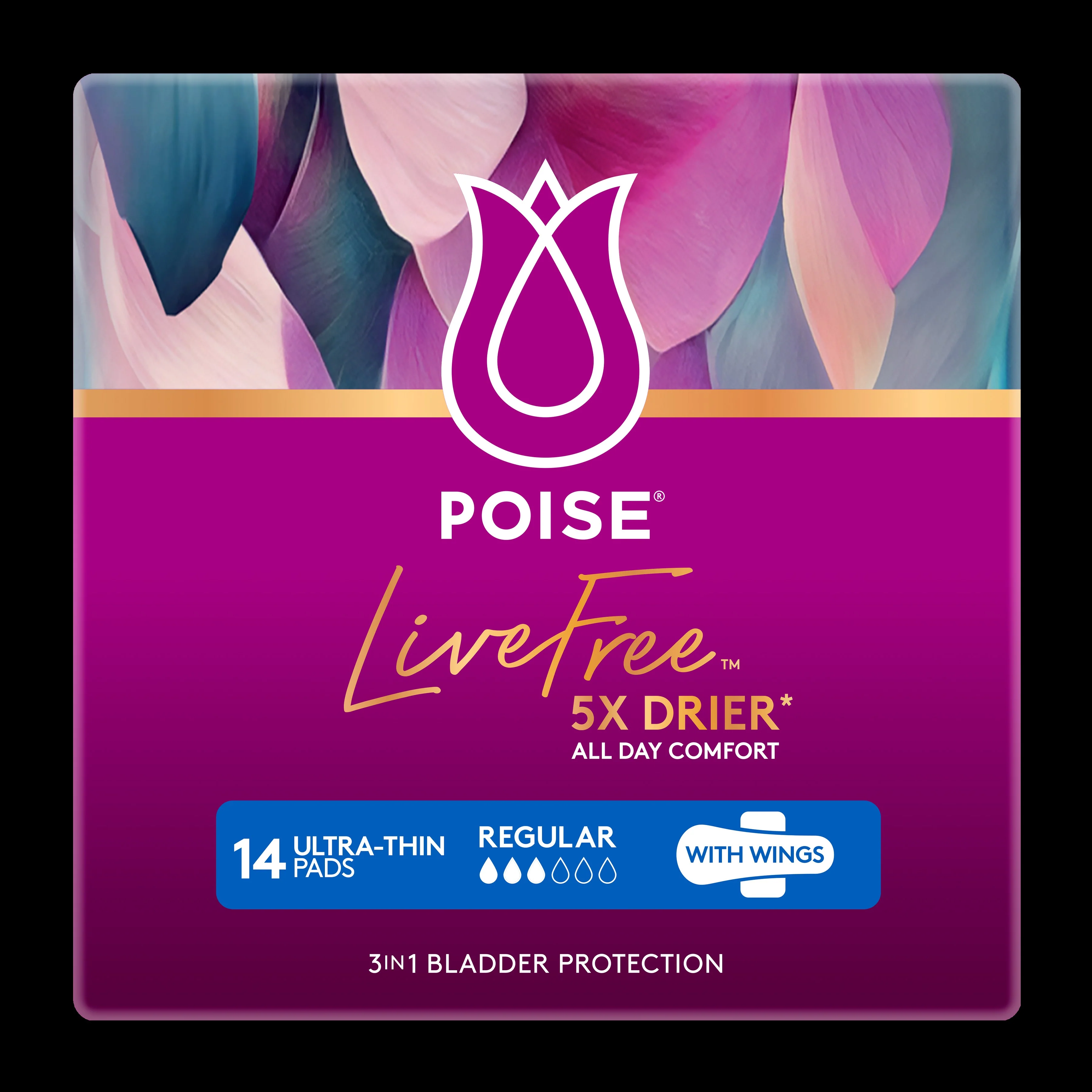Poise LIVEFREE Regular Pads with Wings - 14 Pack - Image 2