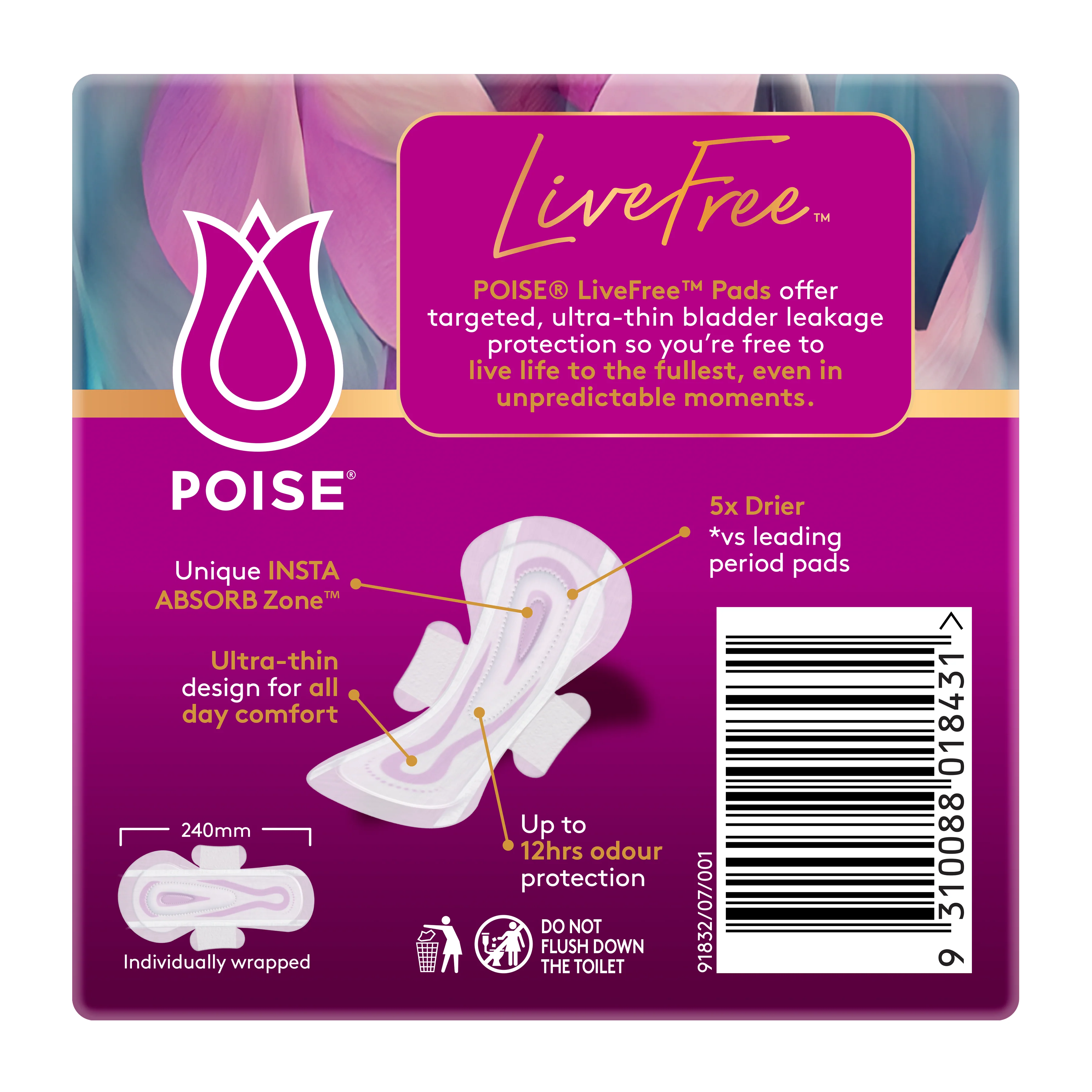 Poise LIVEFREE Regular Pads with Wings - 14 Pack - Image 4