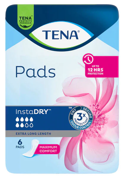 TENA Pads InstaDRY Extra Long Length 377x126mm 560ml - 6 Pack